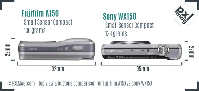 Fujifilm A150 vs Sony WX150 top view buttons comparison