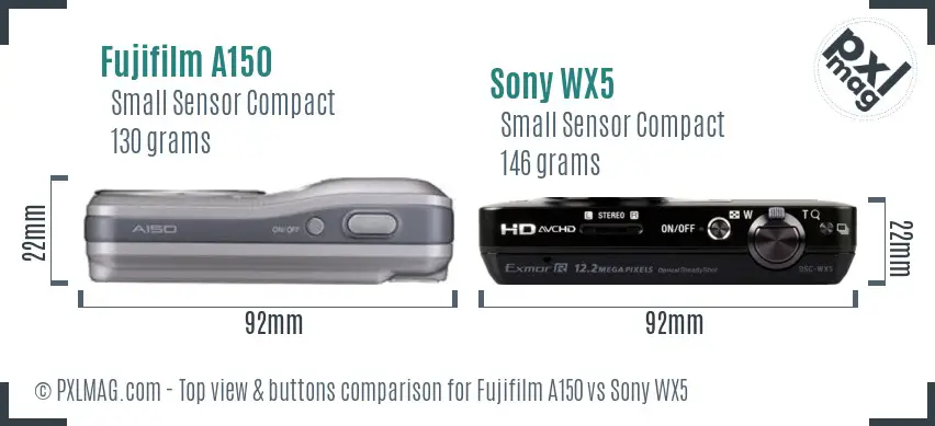 Fujifilm A150 vs Sony WX5 top view buttons comparison