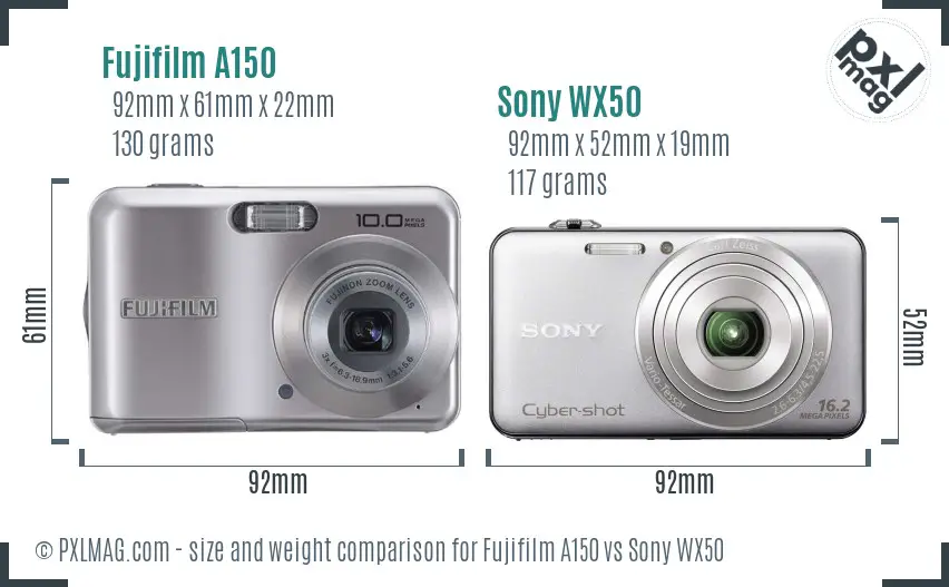 Fujifilm A150 vs Sony WX50 size comparison