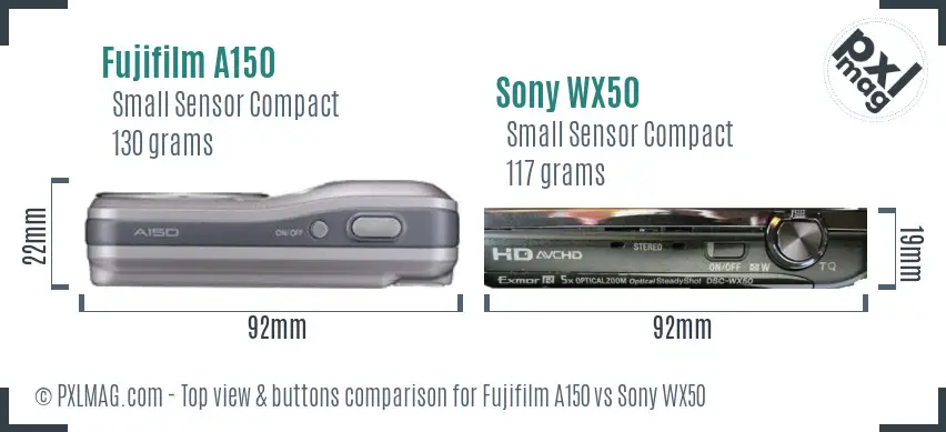 Fujifilm A150 vs Sony WX50 top view buttons comparison