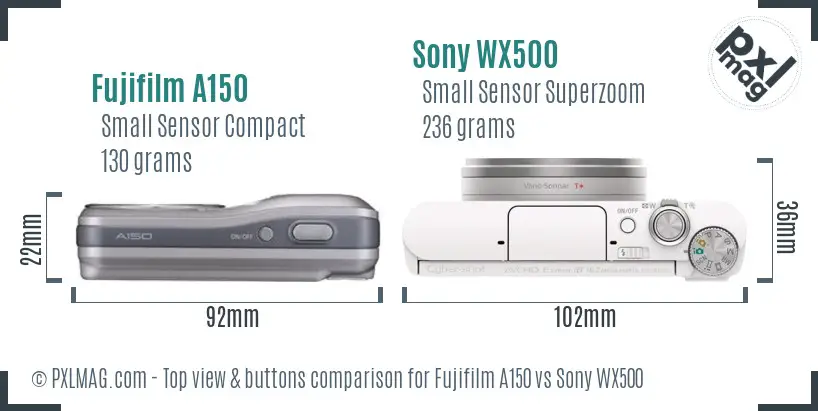 Fujifilm A150 vs Sony WX500 top view buttons comparison Fujifilm A150 vs Sony WX500 top view buttons comparison