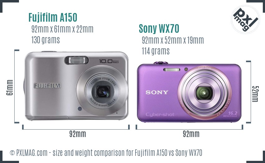 Fujifilm A150 vs Sony WX70 size comparison
