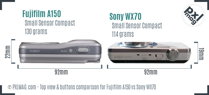 Fujifilm A150 vs Sony WX70 top view buttons comparison