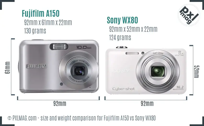 Fujifilm A150 vs Sony WX80 size comparison