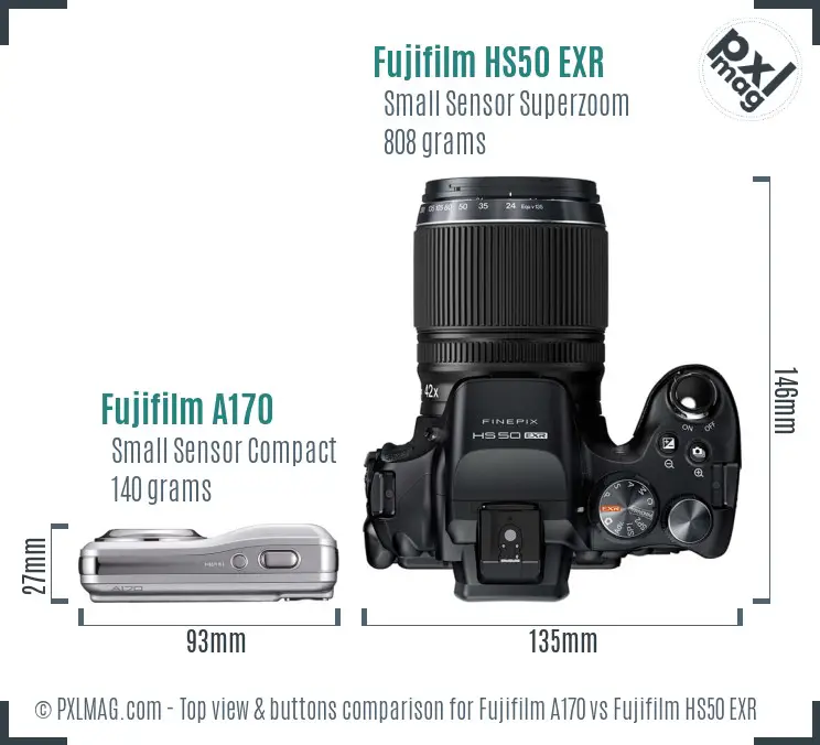 Fujifilm A170 vs Fujifilm HS50 EXR top view buttons comparison