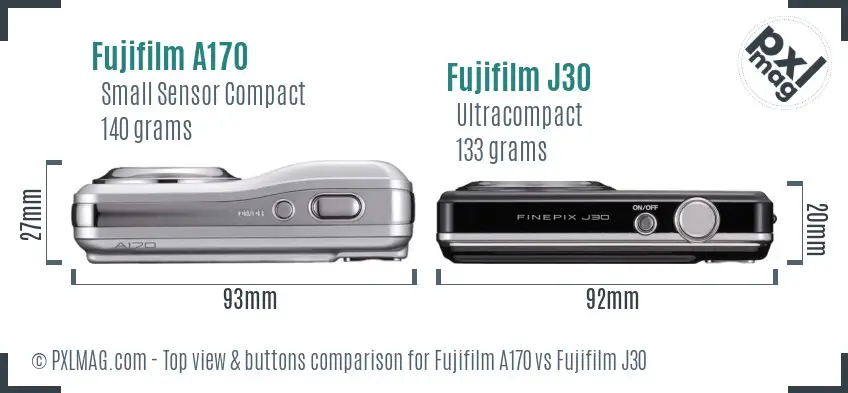 Fujifilm A170 vs Fujifilm J30 top view buttons comparison