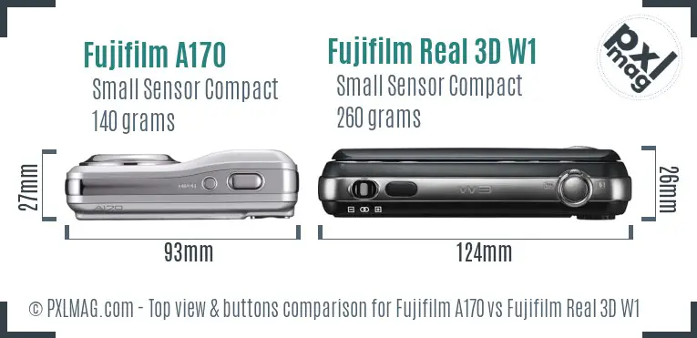 Fujifilm A170 vs Fujifilm Real 3D W1 top view buttons comparison