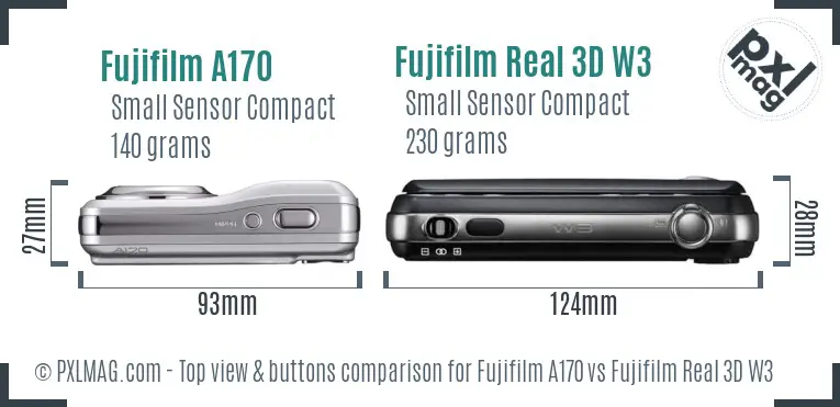 Fujifilm A170 vs Fujifilm Real 3D W3 top view buttons comparison
