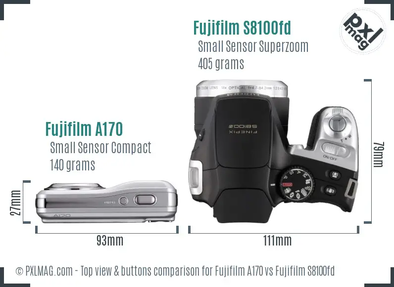 Fujifilm A170 vs Fujifilm S8100fd top view buttons comparison