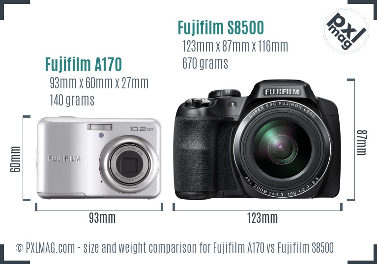 Fujifilm A170 vs Fujifilm S8500 size comparison
