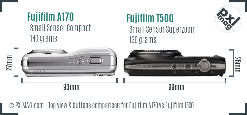 Fujifilm A170 vs Fujifilm T500 top view buttons comparison