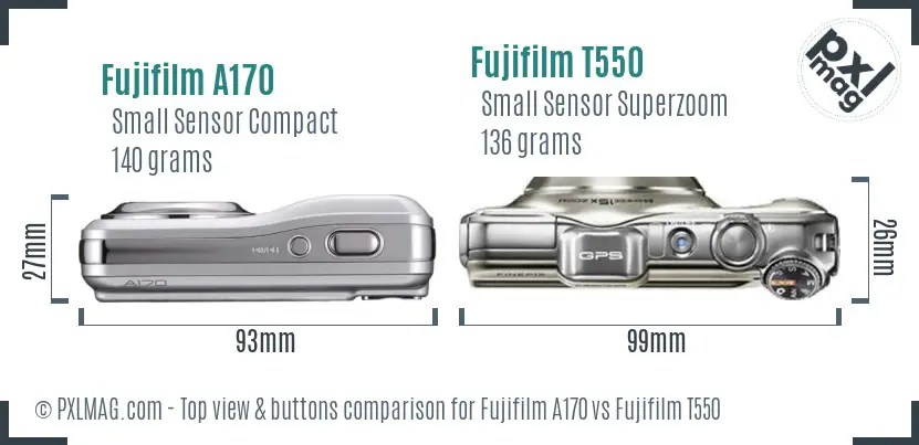 Fujifilm A170 vs Fujifilm T550 top view buttons comparison