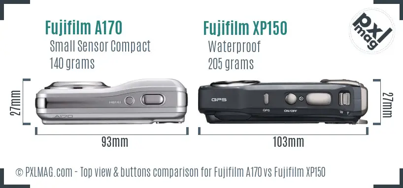 Fujifilm A170 vs Fujifilm XP150 top view buttons comparison