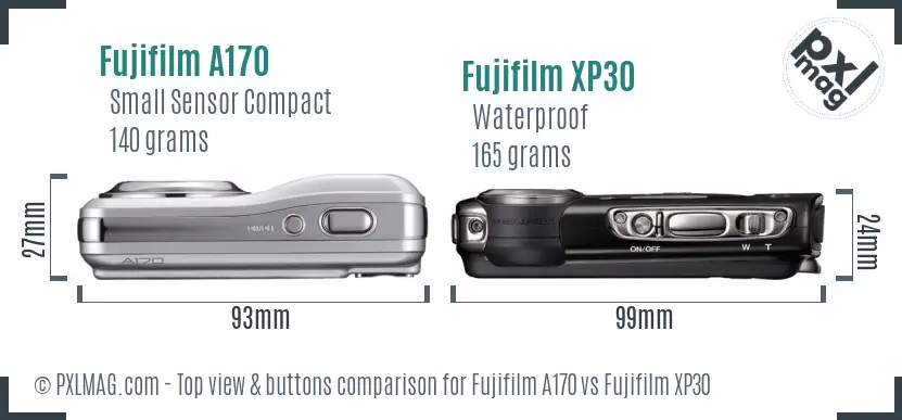 Fujifilm A170 vs Fujifilm XP30 top view buttons comparison