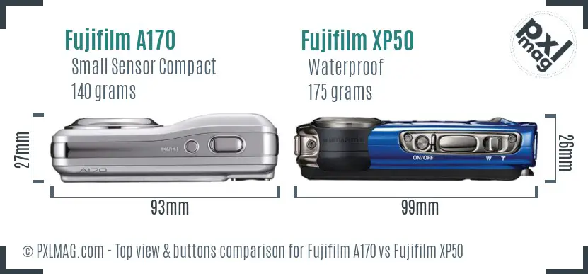 Fujifilm A170 vs Fujifilm XP50 top view buttons comparison
