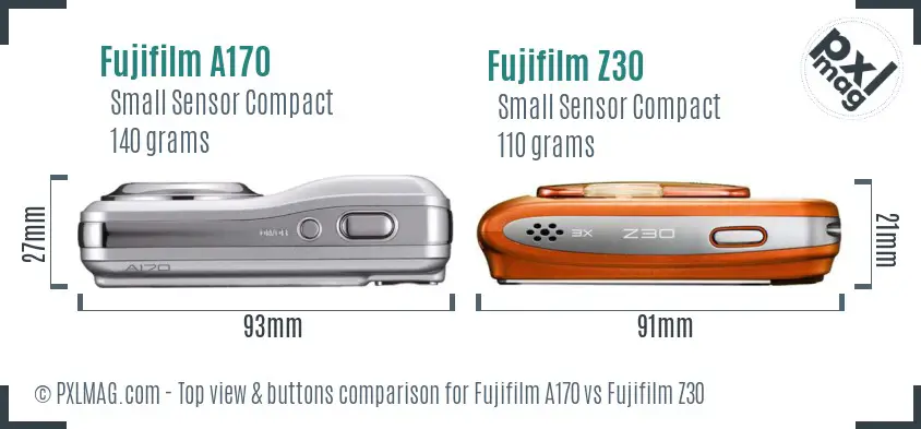 Fujifilm A170 vs Fujifilm Z30 top view buttons comparison