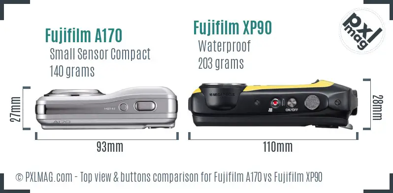 Fujifilm A170 vs Fujifilm XP90 top view buttons comparison