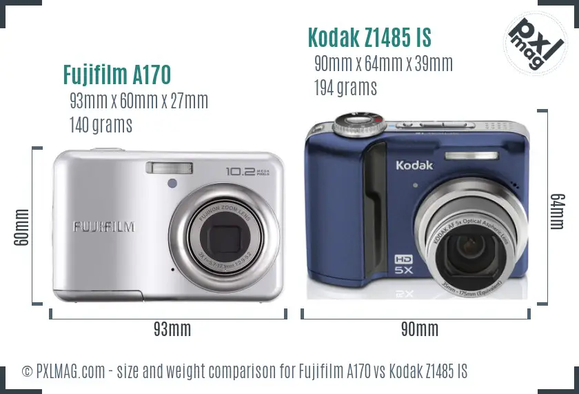 Fujifilm A170 vs Kodak Z1485 IS size comparison