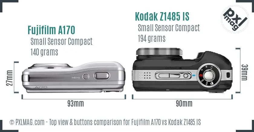 Fujifilm A170 vs Kodak Z1485 IS top view buttons comparison