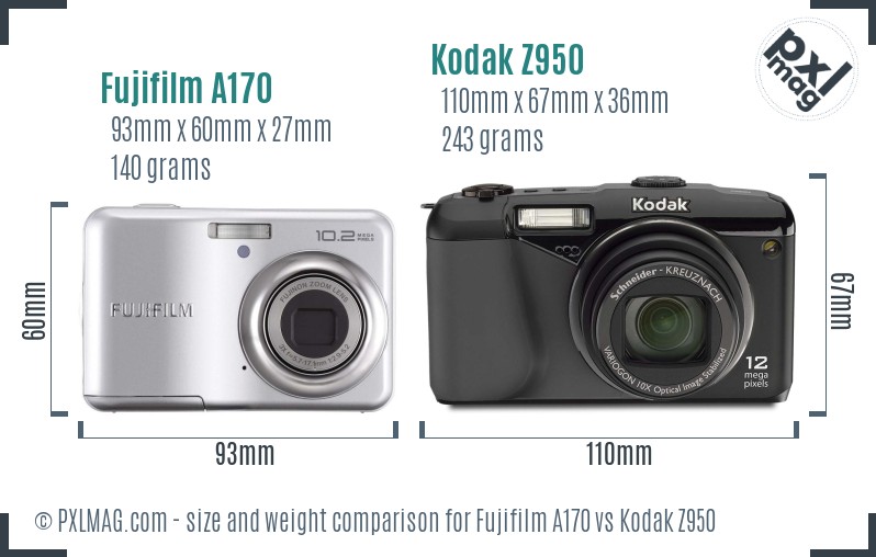 Fujifilm A170 vs Kodak Z950 size comparison