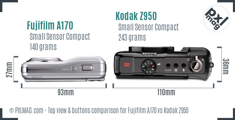 Fujifilm A170 vs Kodak Z950 top view buttons comparison