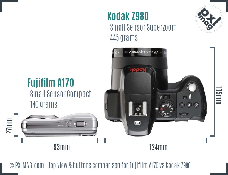 Fujifilm A170 vs Kodak Z980 top view buttons comparison