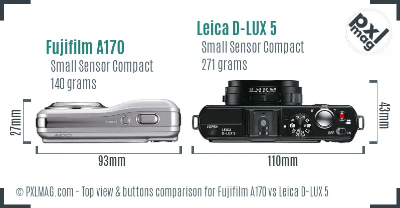 Fujifilm A170 vs Leica D-LUX 5 top view buttons comparison