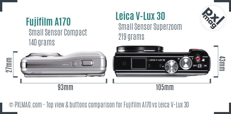 Fujifilm A170 vs Leica V-Lux 30 top view buttons comparison