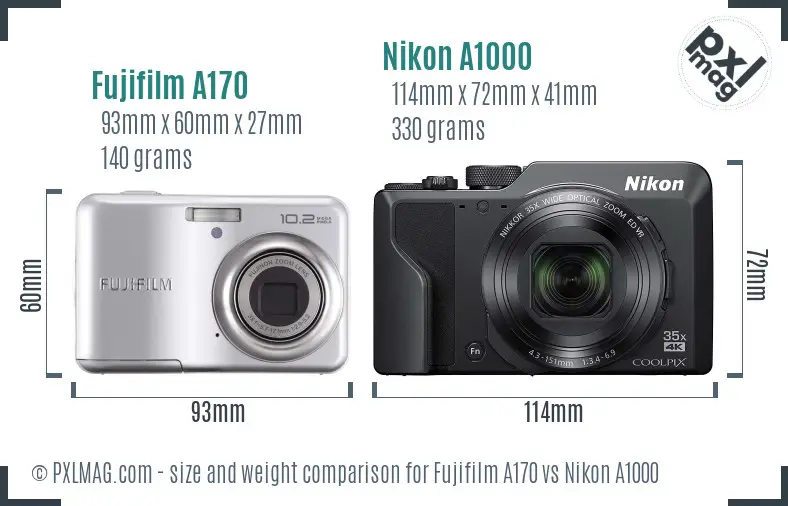 Fujifilm A170 vs Nikon A1000 size comparison