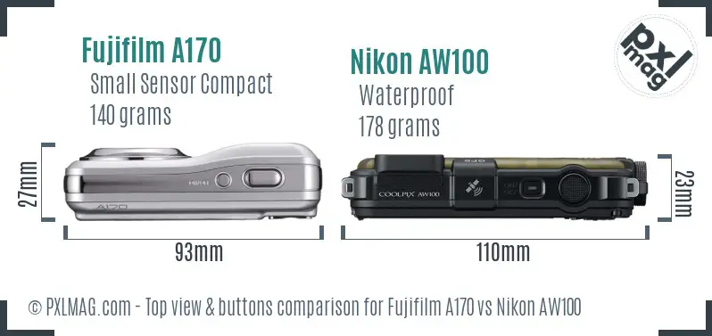 Fujifilm A170 vs Nikon AW100 top view buttons comparison
