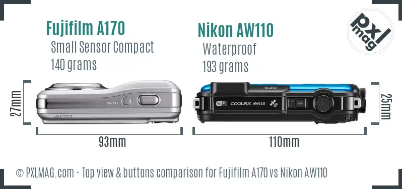 Fujifilm A170 vs Nikon AW110 top view buttons comparison Fujifilm A170 vs Nikon AW110 top view buttons comparison