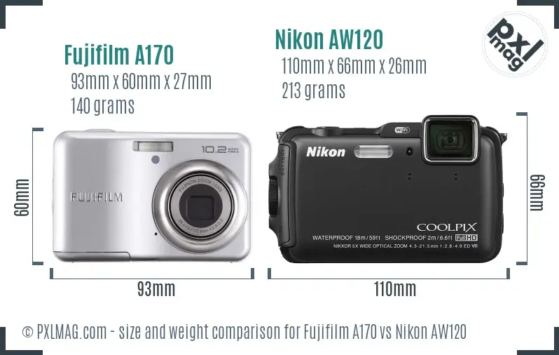 Fujifilm A170 vs Nikon AW120 size comparison