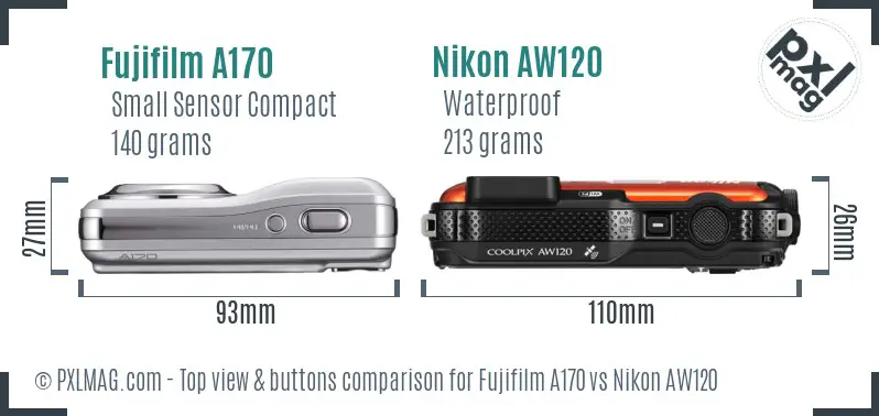 Fujifilm A170 vs Nikon AW120 top view buttons comparison