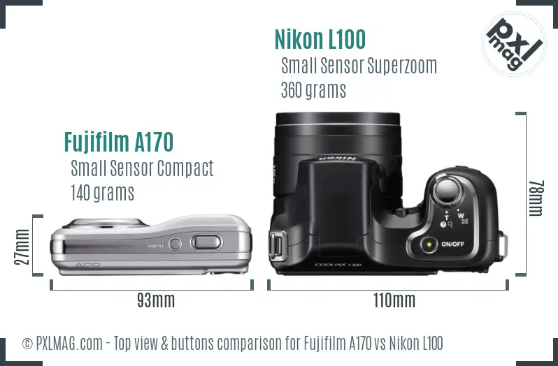 Fujifilm A170 vs Nikon L100 top view buttons comparison