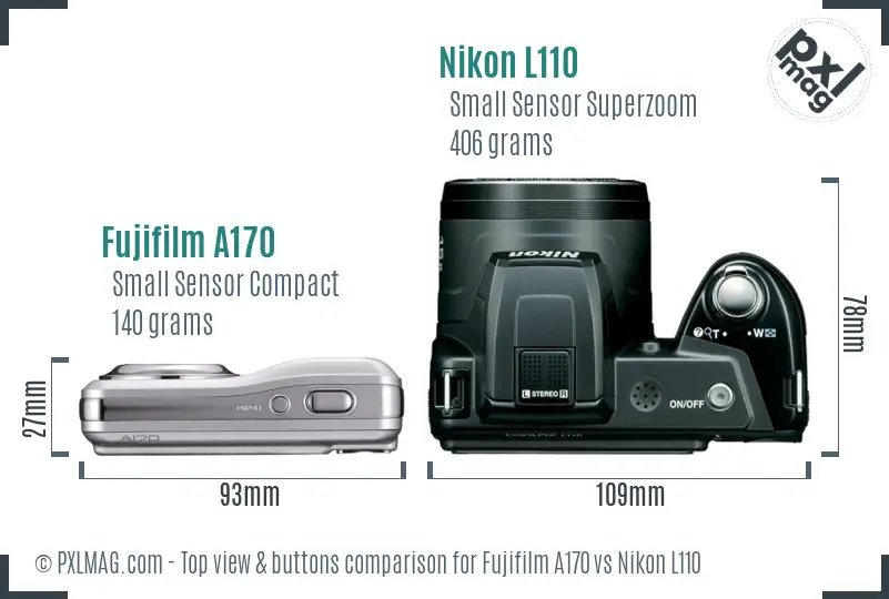Fujifilm A170 vs Nikon L110 top view buttons comparison