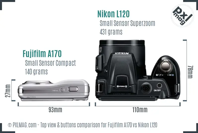 Fujifilm A170 vs Nikon L120 top view buttons comparison Fujifilm A170 vs Nikon L120 top view buttons comparison
