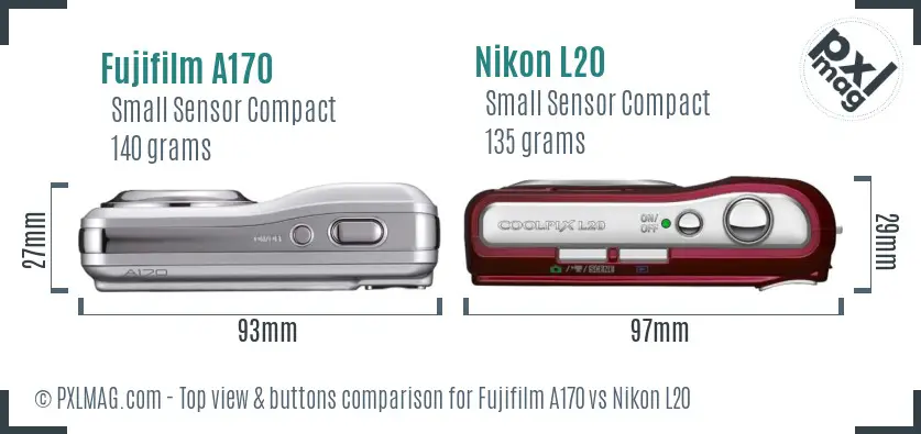 Fujifilm A170 vs Nikon L20 top view buttons comparison