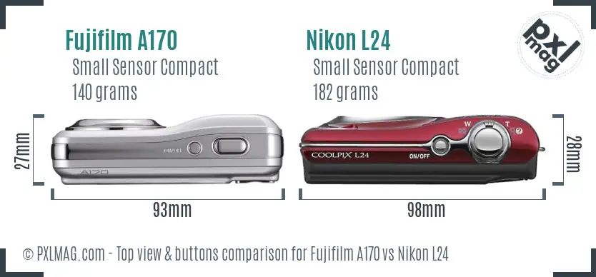 Fujifilm A170 vs Nikon L24 top view buttons comparison Fujifilm A170 vs Nikon L24 top view buttons comparison