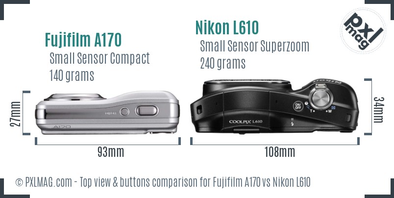 Fujifilm A170 vs Nikon L610 top view buttons comparison