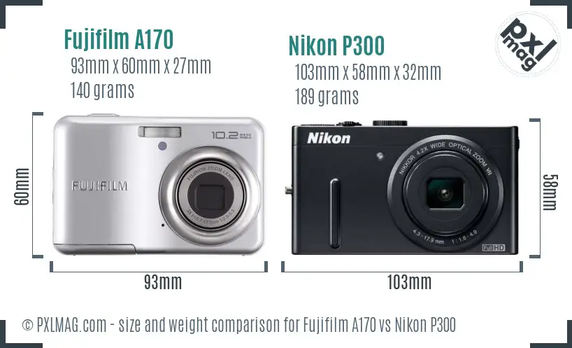 Fujifilm A170 vs Nikon P300 size comparison