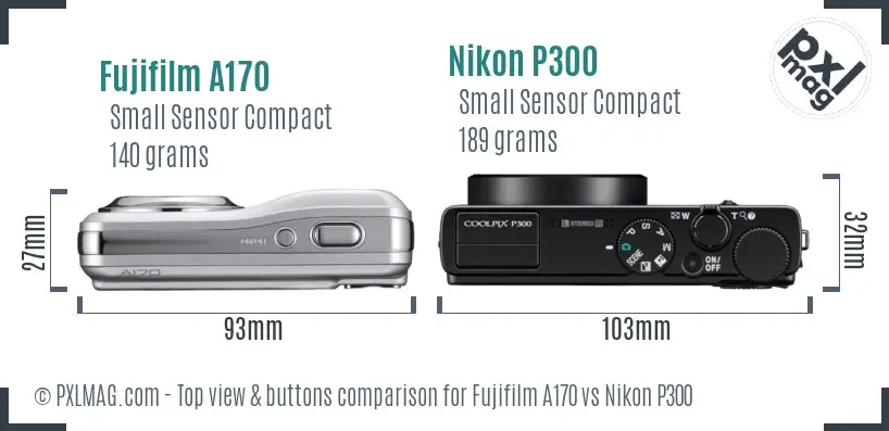 Fujifilm A170 vs Nikon P300 top view buttons comparison