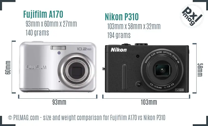 Fujifilm A170 vs Nikon P310 size comparison