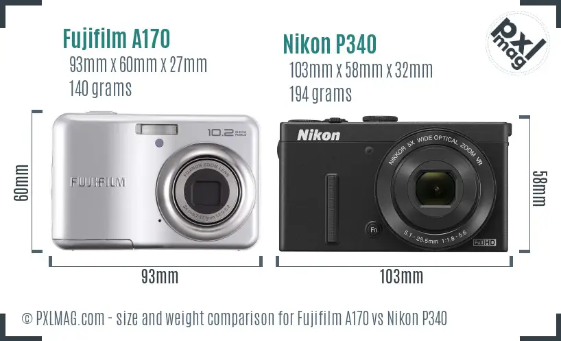 Fujifilm A170 vs Nikon P340 size comparison