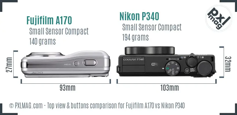 Fujifilm A170 vs Nikon P340 top view buttons comparison