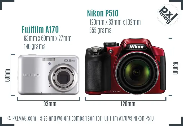 Fujifilm A170 vs Nikon P510 size comparison
