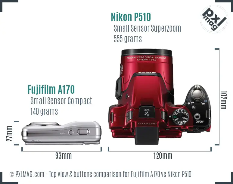 Fujifilm A170 vs Nikon P510 top view buttons comparison