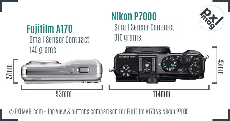 Fujifilm A170 vs Nikon P7000 top view buttons comparison Fujifilm A170 vs Nikon P7000 top view buttons comparison