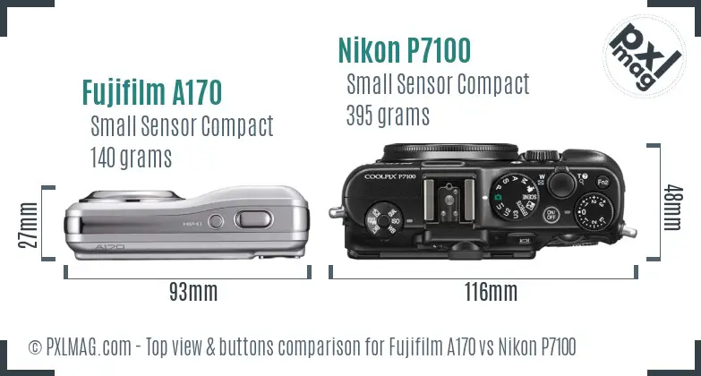 Fujifilm A170 vs Nikon P7100 top view buttons comparison