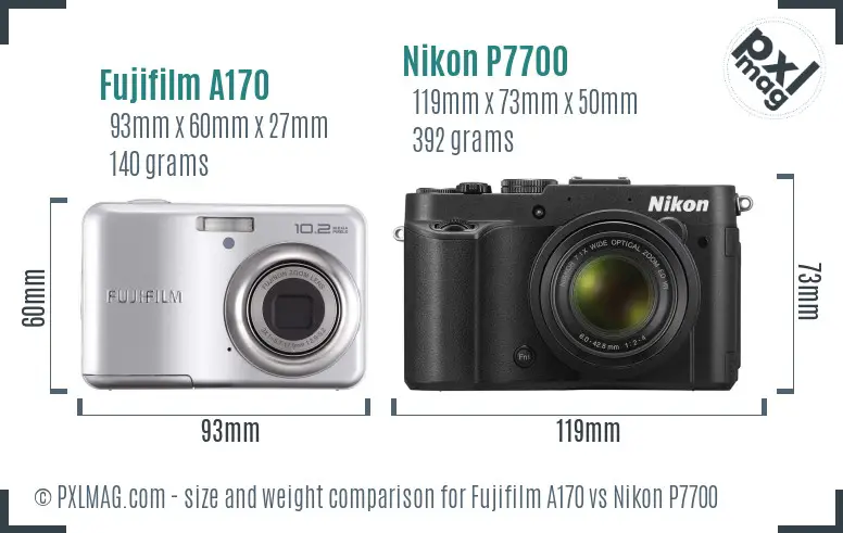 Fujifilm A170 vs Nikon P7700 size comparison