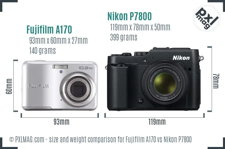 Fujifilm A170 vs Nikon P7800 size comparison